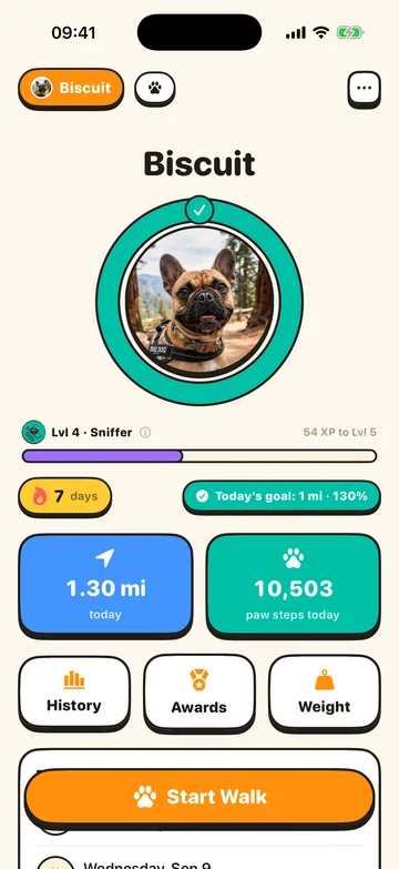 Pawdometer home screen for a dog named Biscuit: a completed goal ring around his photo, level 4 Sniffer, a 7-day streak, 1.30 miles and 10,503 paw steps today.