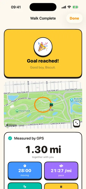 The walk summary: "Goal reached!", a route map, "Measured by GPS · 1.30 mi", 28:00 moving and a 21:27 per mile pace.